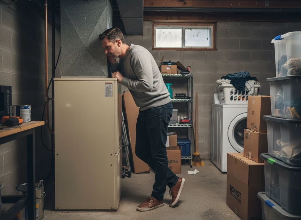 A homeowner in his basement, leaning up against his furnace, listening to the strange noise, emanating from it.