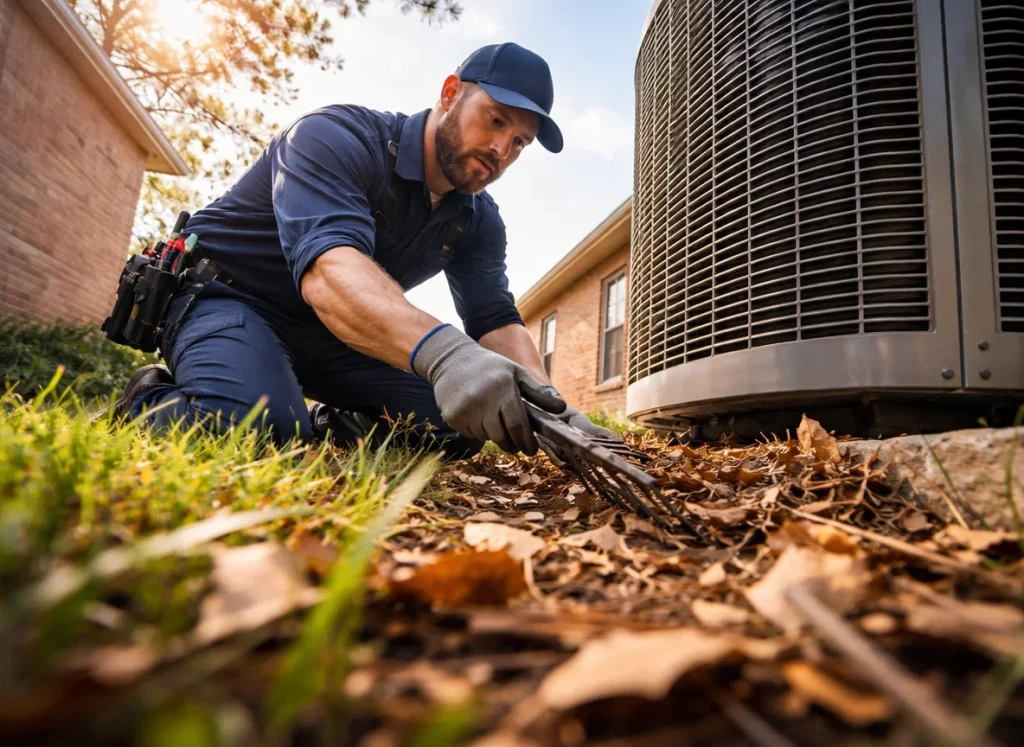 HVAC technician clearing debris away from an AC condenser unit in Tulsa Oklahoma.