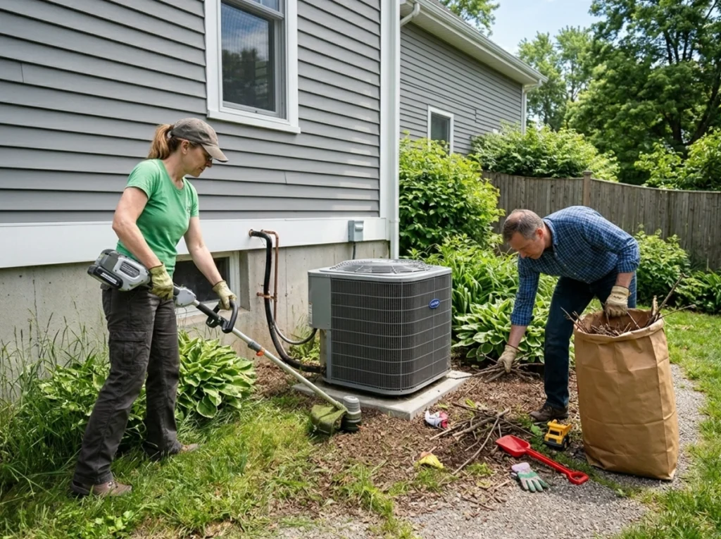 Two homeowners cleaning around their AC unit.
