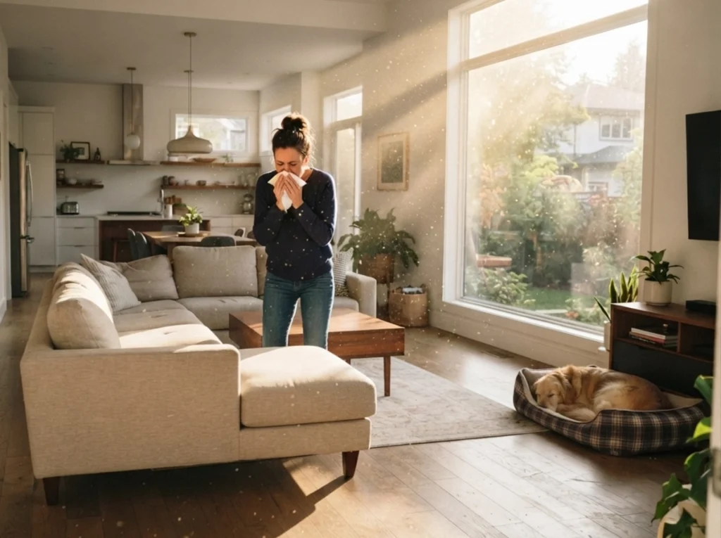 A women with summer allergies in her home.