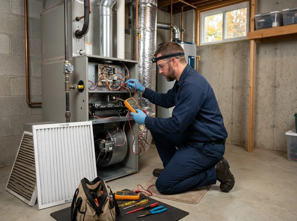 HVAC technician performing a fall furnace tune-up in Sapulpa Oklahoma